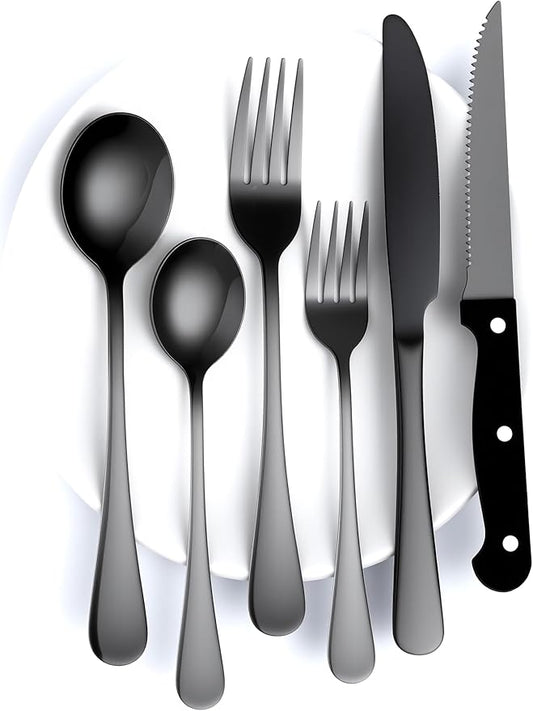 24 Pcs Balck Silverware Set for 4, Food-Grade Stainless Steel Flatware Set,Mirror Polished Cutlery Utensil Set, Include Steak Knife Fork and Spoo, Dishwasher Safe
