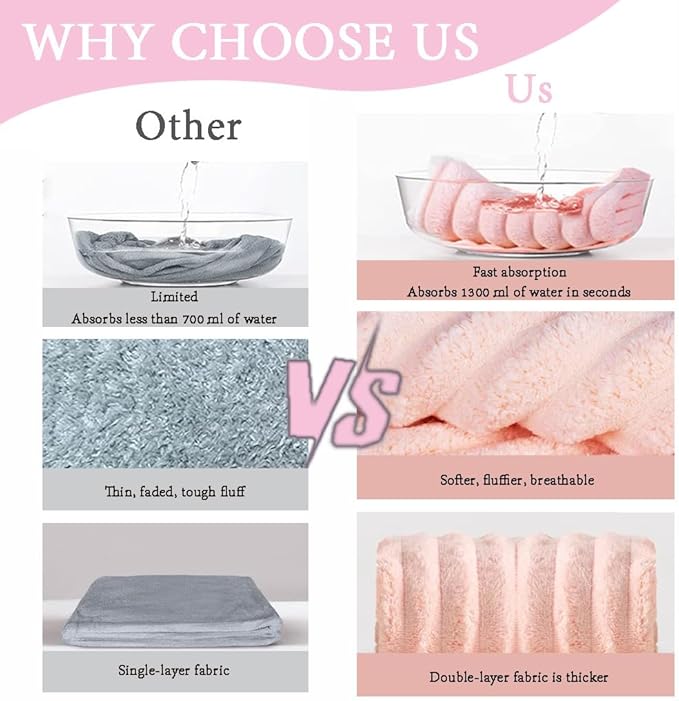 Microfiber Hair Towel Wrap, 2Pack Thickened Drying Hair Wraps Towels with Button. Super Absorbent Drying Hair Towel Wrap for Curly Hair, Anti Frizz Towel for Women. (Pink+ Gray)