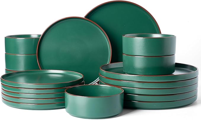 Famiware Nebula Ridge Stoneware Dinnerware Sets for 6, Plates and Bowls Sets, 18 Pieces Dishes Set, Microwave and Dishwasher Safe Kitchen Plates, Dark Green