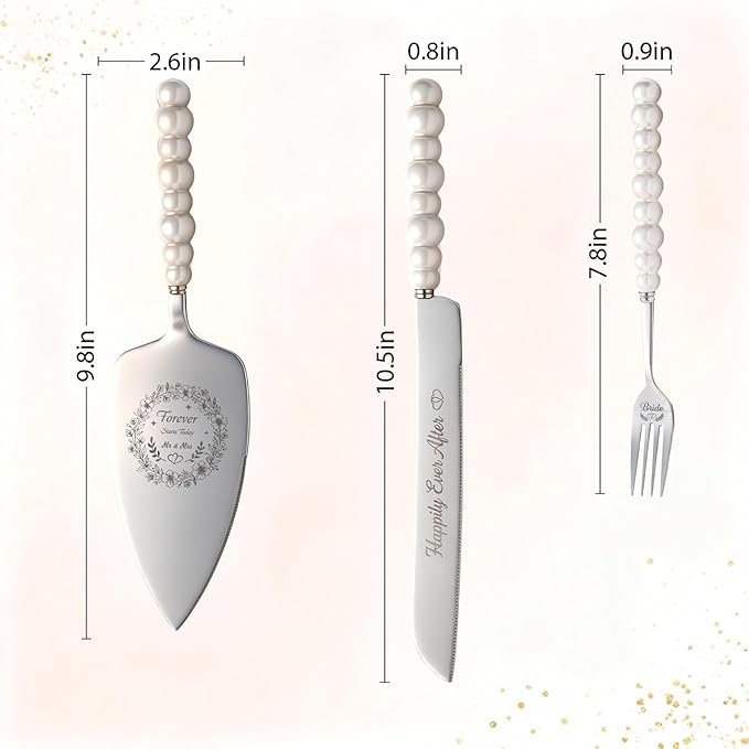4 Piece Wedding Cake Cutting Set, Knife and Server with Forks, Elegant Wedding Cake Knife and Server Set for Bride and Groom(Pearl Handle Silver)