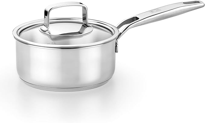 BRA COOKWARE Signature Stainless Steel Sauce Pot w/Glass Lid | 7 Inch 1.4 Quart Professional Grade Saucepan | PFOA Free Warming Pot | All Cooktops | All Cooktops (incl. Induction) & Oven Safe