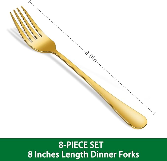 Gold Dinner Forks Set, 8-Piece 8 Inch PVD Gold Stainless Steel Cutlery Forks,Golden Metal Fork for Home Party Or Wedding,Dishwasher Safe Golden Table Fork Set
