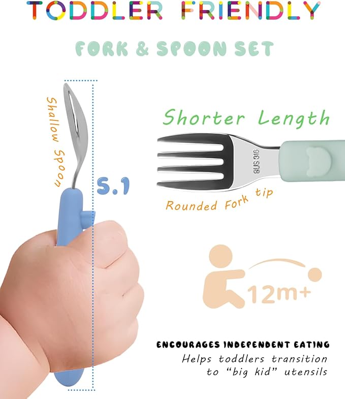 6PCS Toddler Utensils, 316 Stainless Steel Baby Safe Forks + Spoons with Silicone Handle, BPA Free Dishwasher Safe Kids Silverware Cutlery with Box, Sage/Blue/Gray
