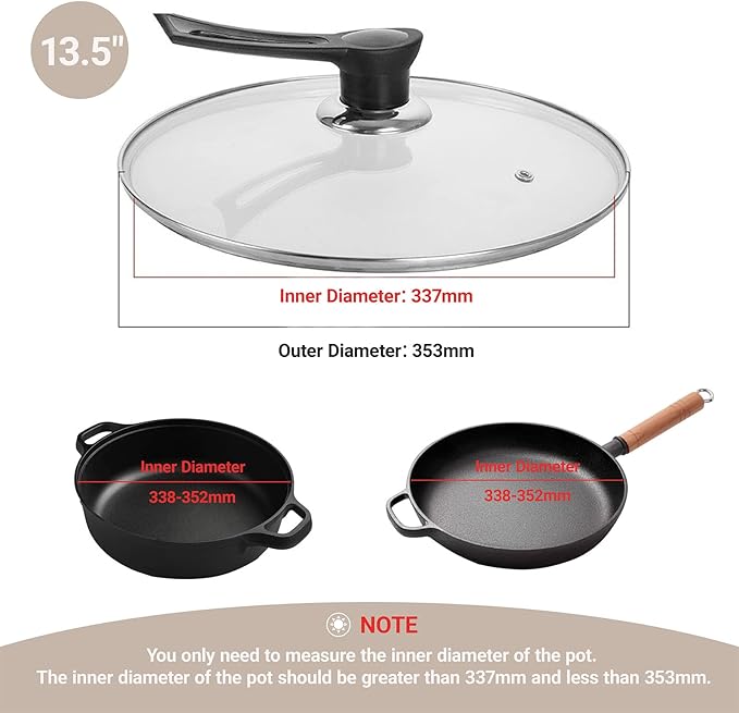 13.5 Inch Pan Lid, Universal Pot Lid, Support Vertical Placement, 4mm Clear Tempered Glass, Compatible with Dishwasher and Ovens