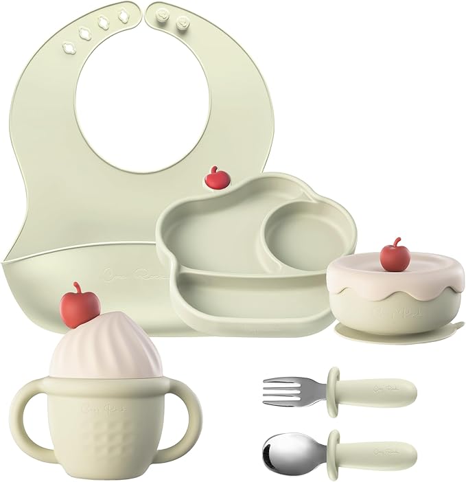 Silicone Baby Feeding Set, Gelato Collection Baby Led Weaning Supplies, First Self-Feeding Set with Suction Bowl & Plate, Sippy Cup & Bib, Fork & Spoon - Green