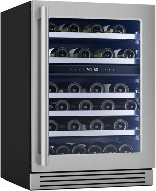 Zephyr Presrv 24 Inch Pro Wine Fridge Dual Zone Under Counter - Pro-Style Design Wine Cooler Cellars Small Cabinet Wine Refrigerator Home Bar Chiller Freestanding Wine Cooler, 45 Bottles 750ml