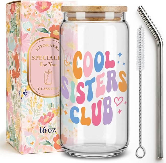 Cool Sister Club,Cute Sister Birthday Gifts for Women,Christmas,Thanksgiving Gifts for Sisters in Law,Big Sis,Little Sis,16oz Glass Coffee Cups with Lids and Straw -65
