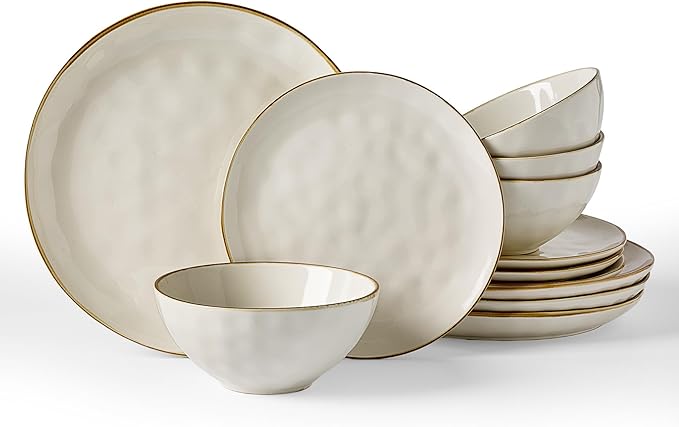 Famiware Dinnerware Sets for 4, Ocean Round 12-Piece Kitchen Plates and Bowls Sets, Microwave and Dishwasher Safe, Scratch Resistant, Vanilla White