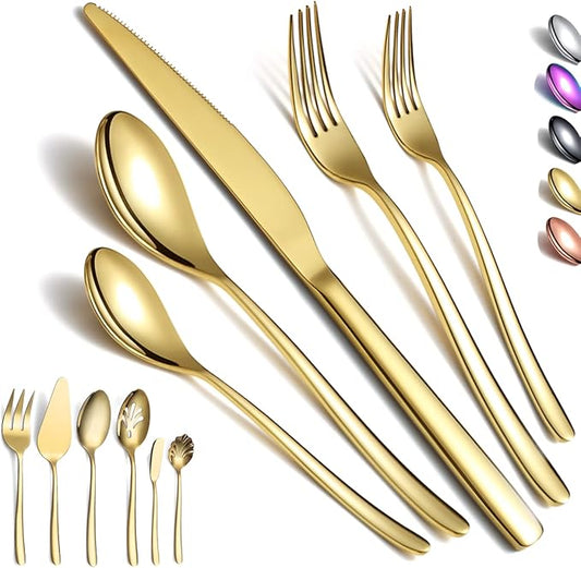 Gold Silverware Set 46 Piece - Stainless Steel Flatware, Cutlery & Utensil Set With Cake Server, Serving Spoon, Fork, Sugar Spoon, Butter Knife (Shiny Gold)