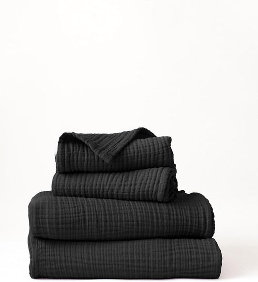 4 Pieces Muslin Towel Set for Bathroom, Luxury 100% Turkish Cotton Thin Soft Quick-Dry Lint-Free Large Size Bath Hand Towel Sets (Black, 2 Bath & 2 Hand Towel Set)