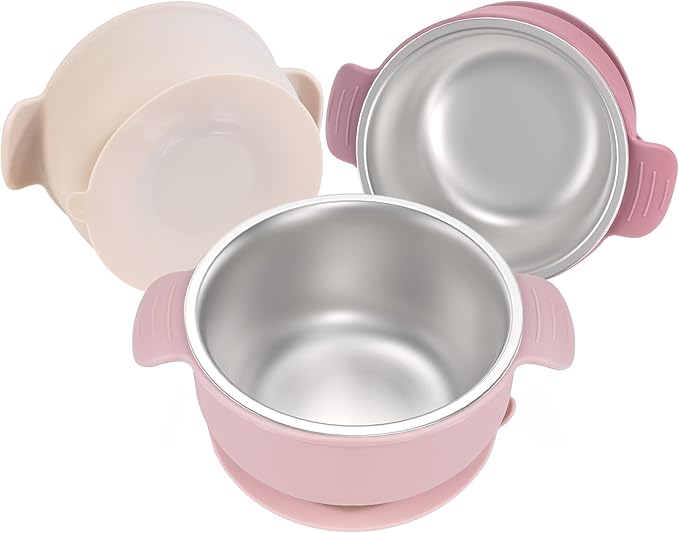 Bella’s Friends Stainless Steel and Silicone Baby Bowls with Suction 3 Pack, 4.3” for Toddlers Kids Feeding, Non-Slip, Non-Toxic, Mess-Free, Dishwasher Safe, Fit High Chair Size, light pink beige pink