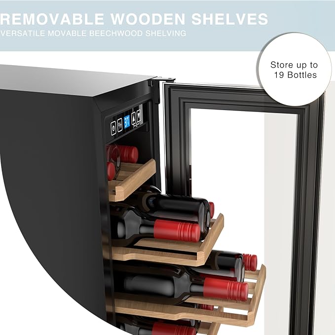 19 Bottles Wine Fridge,12 Inch Wine Cooler with Single Zone, Built-in or Under Counter,41-64°F Thermostat, LED Digital Touchscreen, Triple-Layer Tempered Glass, Wine Storage for Home