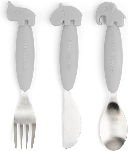 Done by Deer Easy-grip Cutlery Set Deer Friends Grey - Toddler Spoon, Fork and Knife with Soft Silicone Anti-Slip Handles - Sturdy Design for Rough Handling - Comes in Beautiful Gift Box