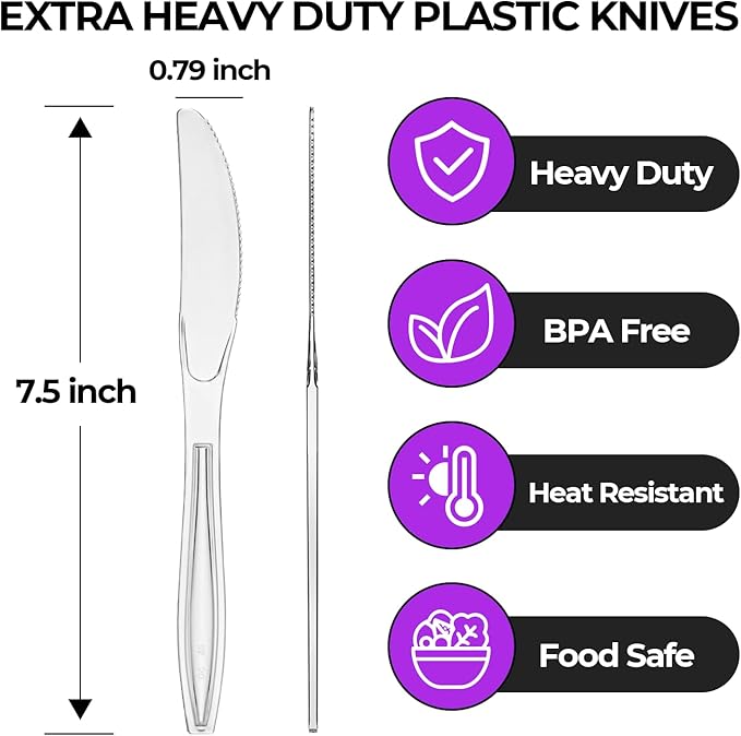 [100 Count] Clear Plastic Knives Heavy Duty, Disposable Steak Knives Plastic Silverware Bulk Washable Cutlery Set Serving Utensils Tableware for Party Supplies,Daily Use,Picnic,Camping,Wedding,BBQ