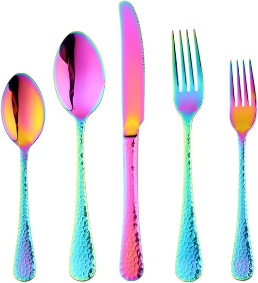 5-Piece Rainbow Silverware Flatware Set Service for 1 Stainless Steel Cutlery Set Include Dinner Knife Table Fork Table Spoon Salad Fork Tea Spoon for Wedding, Dishwasher Safe