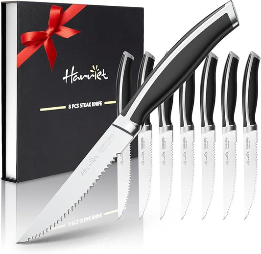 harriet Steak Knives Set of 8, 4.5" Steak Knives, Full Tang Premium Stainless Steel Serrated Steak Knives Set with Gift Box, Dinner Knives, Midnight Black Handle
