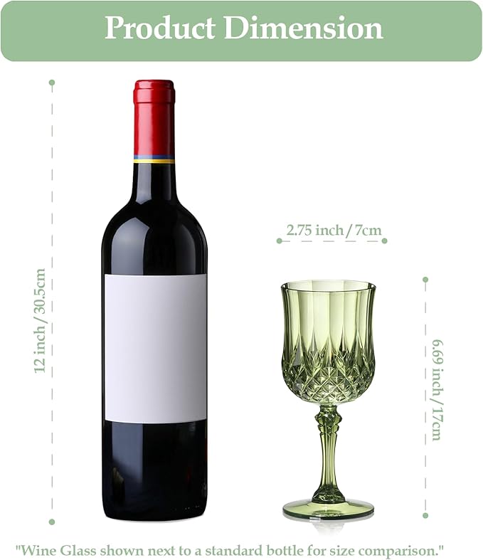 XUWAIDSGN 24 Pcs 7oz Plastic Vintage Wine Glasses Drinking Glasses Unbreakable Wedding Glassware Crystal Water Goblets Reusable Drinkware Vintage Champagne Flutes (24, Dark Green)