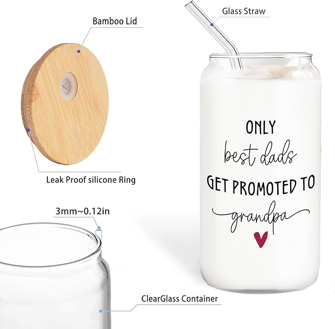 Get Promoted to Grandpa Glass Cup with Lids and Straws 14oz, Grandpa to Be Gifts, Pregnancy Announcement for Grandfather Glass Coffee Tumbler Drinking Jars with Cleaning Brush