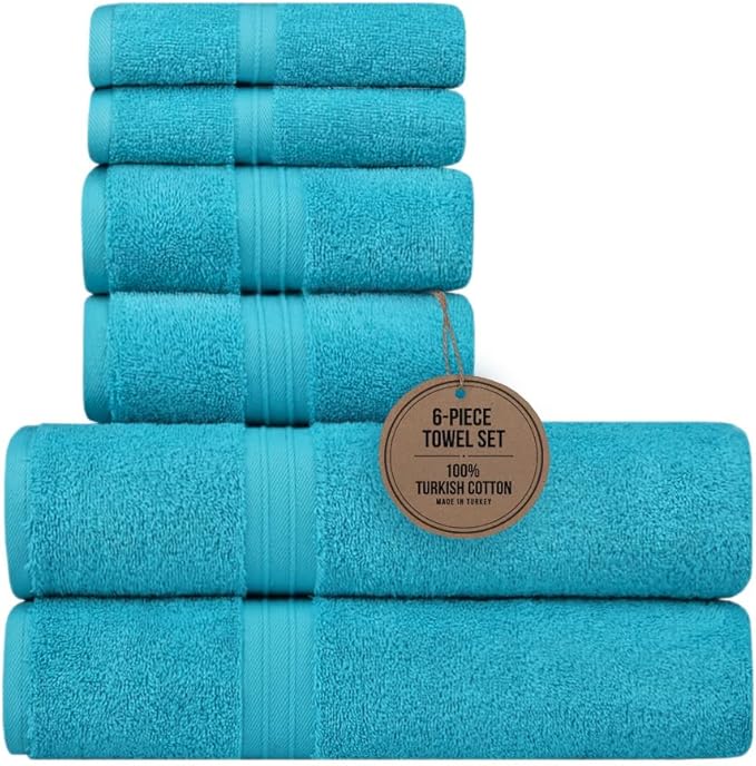 6 Piece Bath Towel Set - 100% Cotton & Absorbent - Luxury, Cute, Hotel Quality and Cozy Include 2 Bath Towel (28" x 56"), 2 Hand Towel (16"x28") and 2 Wash Cloths (12"x12") - Turquoise