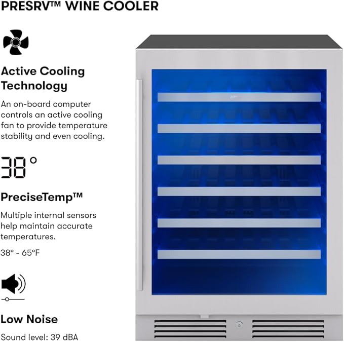 Zephyr Presrv 24" Wine Fridge Single Zone Under Counter - Countertop Wine Cooler Cellars Cabinet Wine Beverage Refrigerator Home Bar Chiller Freestanding with Glass Door, 53 Bottles 750ml