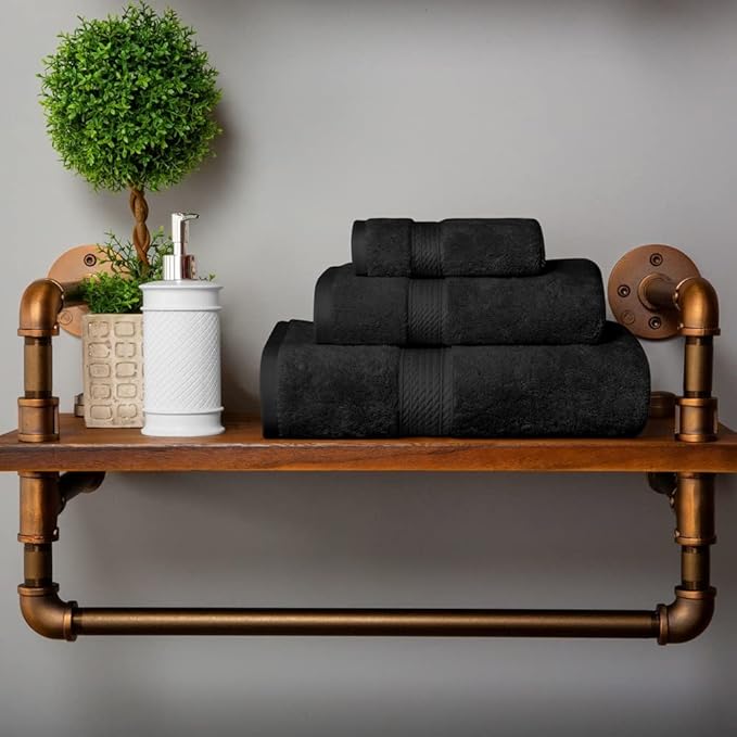 Superior Egyptian Cotton Pile 3 Piece Towel Set, Includes 1 Bath, 1 Hand, 1 Face Towel/Washcloth, Ultra Soft Luxury Towels, Thick Plush Essentials, Guest Bath, Spa, Hotel Bathroom, Black