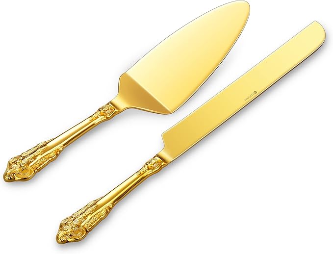 KEAWELL Gorgeous Wedding Cake Knife and Server Set, 18/10 Stainless Steel, Fine Luxury Cake Cutting Set (Gold)
