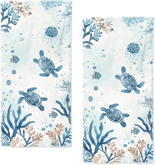 Sea Turtle Hand Towels Set of 2 Breathable Ocean Beach Hand Towels Marine Life Coastal Bath Towels for Gym Hotel Decorative Summer Kitchen Towels 28.7x13.7 Inch