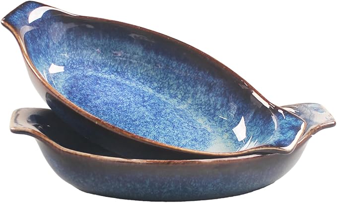 Ceramics Au Gratin baking Dishes Set of 2, Baking Tray Bake ware, 10.5 oz Ramekins, for Pie Pan, Appetizer, Tart, Dessert, Quiche, Oven Small dish, individual dishes Oval 9.3 Inch