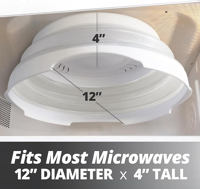 HOVER COVER Magnetic Microwave Splatter Cover with High Power, Strongest Magnetic Grip, Collapsible 12-Inch BPA-Free Food Lid, Vented Plate Guard, Dishwasher Safe, Space-Saving Storage - White