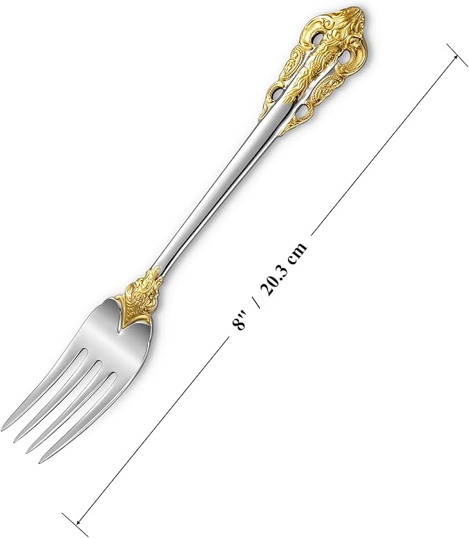 KEAWELL Luxury Dinner Fork, Set of 4, 18/10 Stainless Steel, 8 Inches, Dishwasher Safe, Mirror Polished, Silverware Fork Set (Gold Accent)