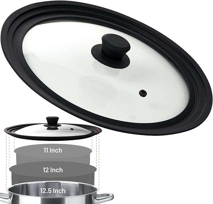 Universal Lids for Pots, Pans and Skillets - Tempered Glass with Vented Silicone Rim and Heat-Resistant Handle - Fits Multiple Cookware Sizes - Dishwasher & Microwave Safe (Single, 11",12",12.5")