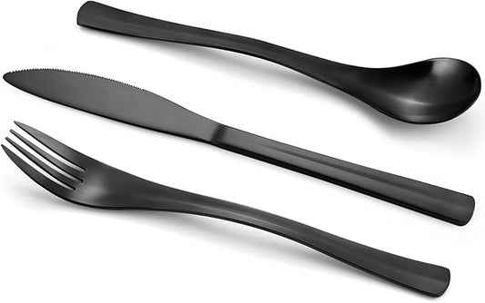 Bysta 12 Piece Black Silverware Set, Knife Fork Spoon Set, Stainless Steel Flatware Cutlery Set, Kitchen Utensil Set Service for 4, Tableware Set for Home and Restaurant, Dishwasher Safe, Satin Finish