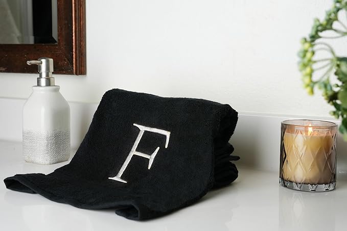 Black Monogrammed Hand Towel for Bathroom - Initial Hotel Quality Decorative Embroidered Luxury Towel for Powder Room, Spa - GOTS Organic Certified - Pack of 2, Letter F