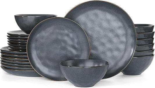 Famiware Dinnerware Sets for 6, Ocean Round 18-Piece Kitchen Plates and Bowls Sets, Microwave and Dishwasher Safe, Scratch Resistant, Matte Black