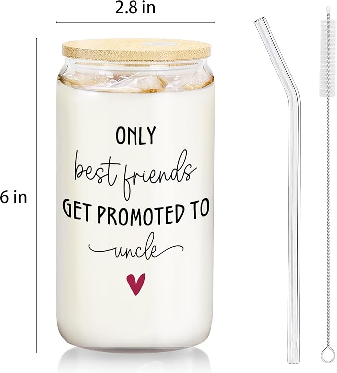 Get Promoted to Uncle Glass Cup with Lids and Straws 14oz, Pregnancy Baby Announcement for Uncle Glass Coffee Tumbler Drinking Jars with Cleaning Brush