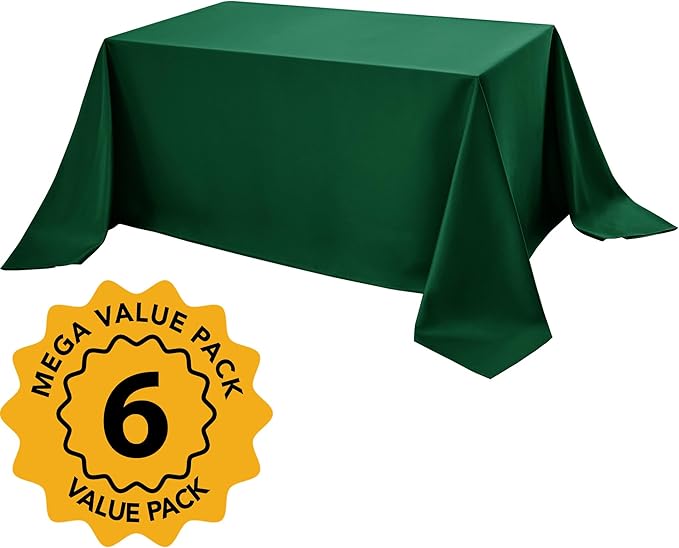 6-Pack Hunter Green Tablecloths for Rectangle Tables, 90 x 132 Inches, Stain-Resistant Polyester Fabric for 8 Foot Tables - Washable Table Covers for Weddings, Birthday Parties, Events