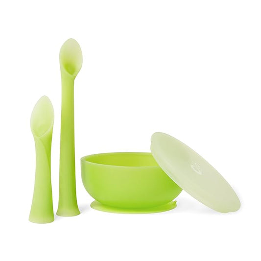 Olababy 3 Piece Parent Led and Baby Led Weaning First Feeding Set, Includes Training Spoon, Feeding Spoon and Suction Bowl with Lid