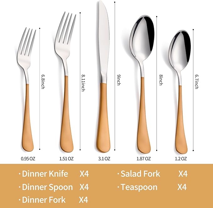 20-Piece Orange Silverware Set 18/0 Stainless Steel Silverware Set Orange Handle Cutlery Set Service for 4 Dinner Knives Forks Spoons Set Flatware Set Finish Dishwasher Safe