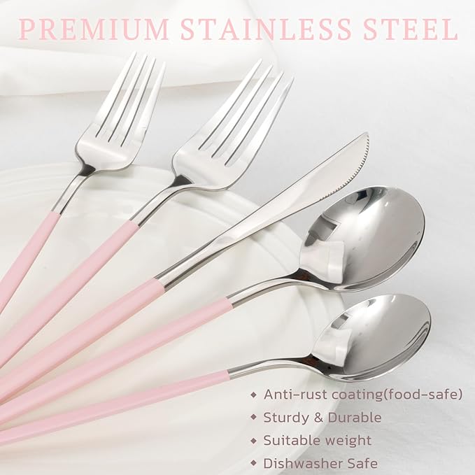 Astercook Silverware Set with Steak Knives 24-Piece Flatware Set for 4 Food-Grade Stainless Steel Pink Cutlery Set Mirror Polished Utensils Set Include Spoons and Forks for Home Kitchen Restaurant