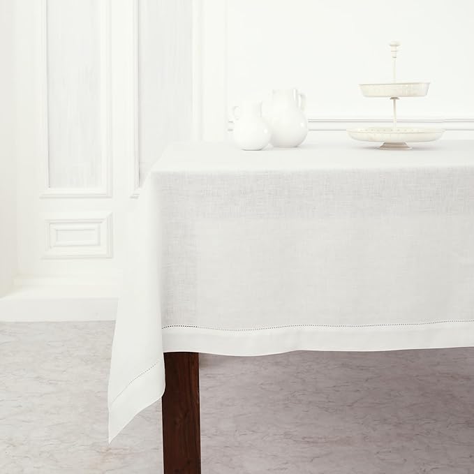 Solino Home Linen Tablecloth for Rectangle Tables 60 x 156 Inch - Classic Hemstitch 100% Pure Linen White Table Cloth - Machine Washable Cloth Tablecloth for Valentines, New Year