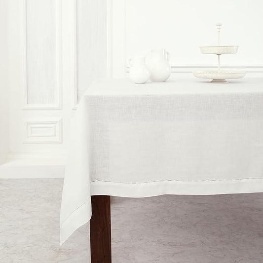 Solino Home Linen Tablecloth for Rectangle Tables 60 x 156 Inch - Classic Hemstitch 100% Pure Linen White Table Cloth - Machine Washable Cloth Tablecloth for Valentines, New Year