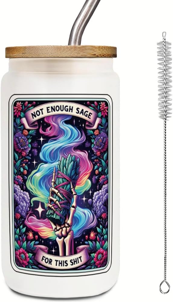 FALJIOK Skeleton Tarot Card 16 oz Glass Cups with Lids Straws, Witchy Gifts for Women, Gothic Gifts, Spooky Skeleton Birthday Gift for Witchy Friends, Halloween Skull Tumbler