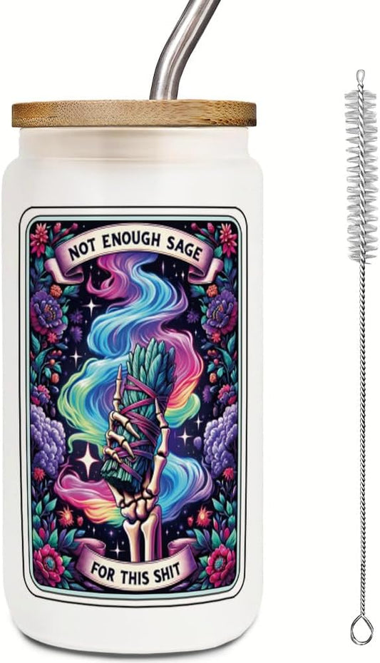 FALJIOK Skeleton Tarot Card 16 oz Glass Cups with Lids Straws, Witchy Gifts for Women, Gothic Gifts, Spooky Skeleton Birthday Gift for Witchy Friends, Halloween Skull Tumbler