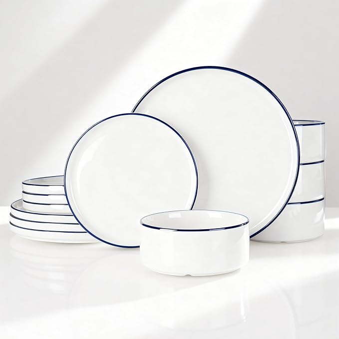 Famiware Porcelain Dinnerware Set, 12-Piece Modern Plate and Bowl Set, Dish Set for 4, Microwave and Dishwasher Safe Tableware, White with Blue Trim