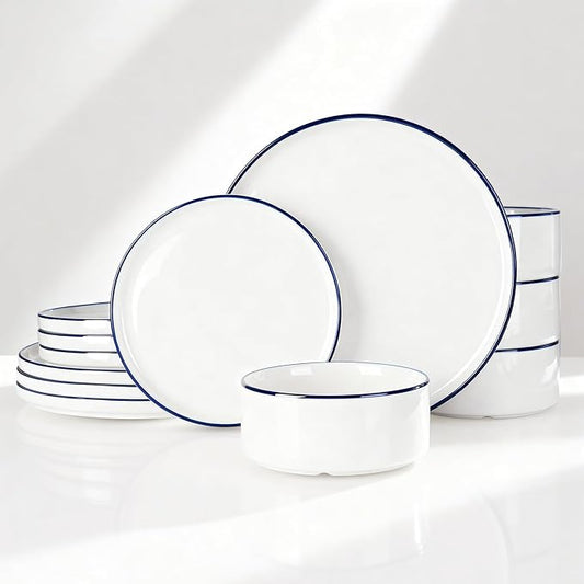 Famiware Porcelain Dinnerware Set, 12-Piece Modern Plate and Bowl Set, Dish Set for 4, Microwave and Dishwasher Safe Tableware, White with Blue Trim