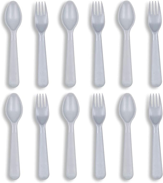 12 Pcs Kids Spoons and Forks Toddler Utensils Plastics Reusable Silverware Baby Cutlery Set Feeding Dinnerware Utensils BPA Free Microwave Dishwasher and Freezer Safe- Grey