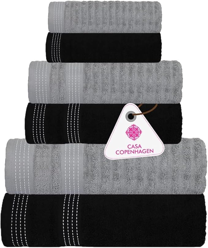 CASA COPENHAGEN® Elegance 6 Pieces Towel Set- Grey Violet + Black, 550 GSM, 2 Bath Towel 2 Hand Towel 2 Washcloth Designed in Denmark Made of Soft Egyptian Cotton for Bathroom, Kitchen and Shower