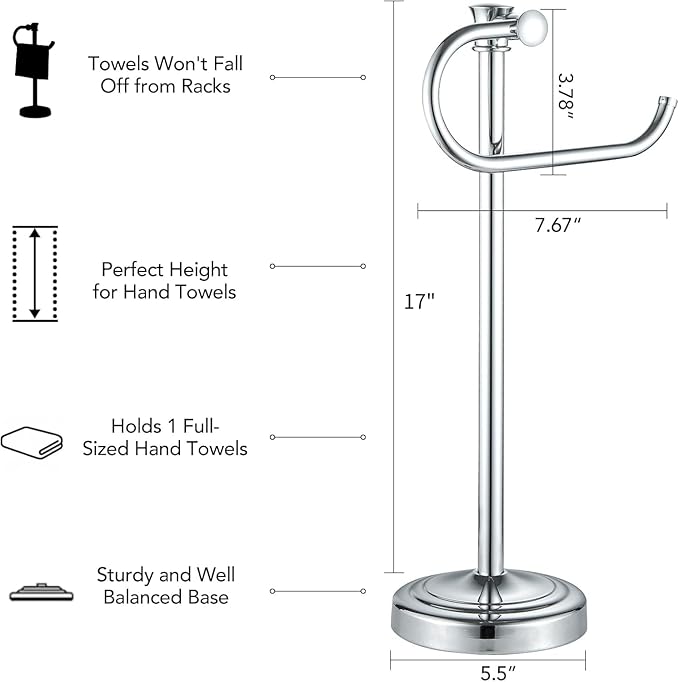 BESy 17 Inch Polished Chrome Stand Towel Bar Hanger Hand Towel Bar Bathroom Vanity Countertop Towel Holder Free Standing Stainless Steel Towel Ring Hardware Accessories Towel Rack