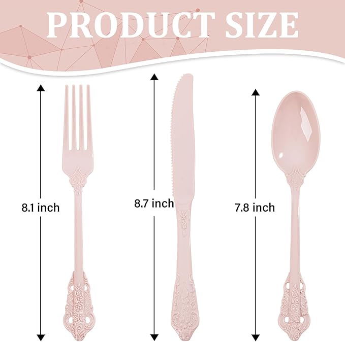 WDF 120 Pieces Heavy Duty Pink Plastic Silverware - Pink Plastic Cutlery Set - Disposable Utensils - Disposable Flatware Includes 40 Forks, 40 Spoons, 40 Knives for Party, Wedding, Valentine's Day