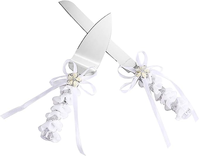 TANG SONG Stainless Steel Elegant Wedding Cake Knife and Serving Set Resin Plastic Handle Pearl Flower Shape with Lace Wedding Cake Knife and Shovel
